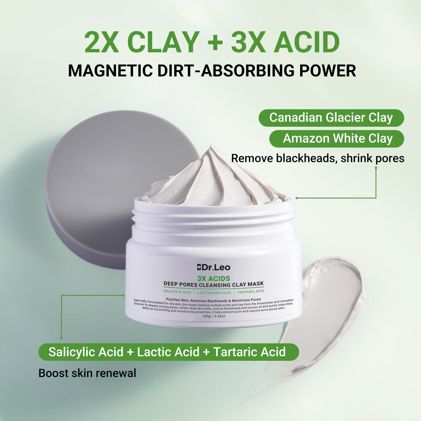 Dr.Leo 3X Acid Clay Mask, Pore Minimizing & Oil Control Face Mask, 3.53oz