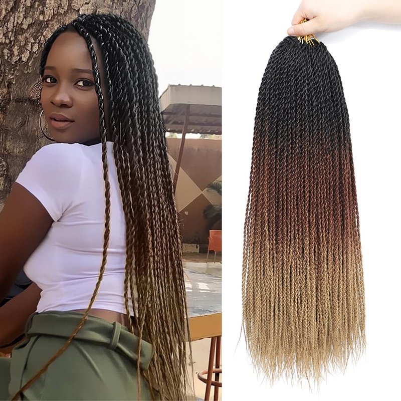 Senegalese Twist Crochet Hair - 7 Packs Pre-Looped Ombre Braiding Hair | 24 Inch, 1B/30/27