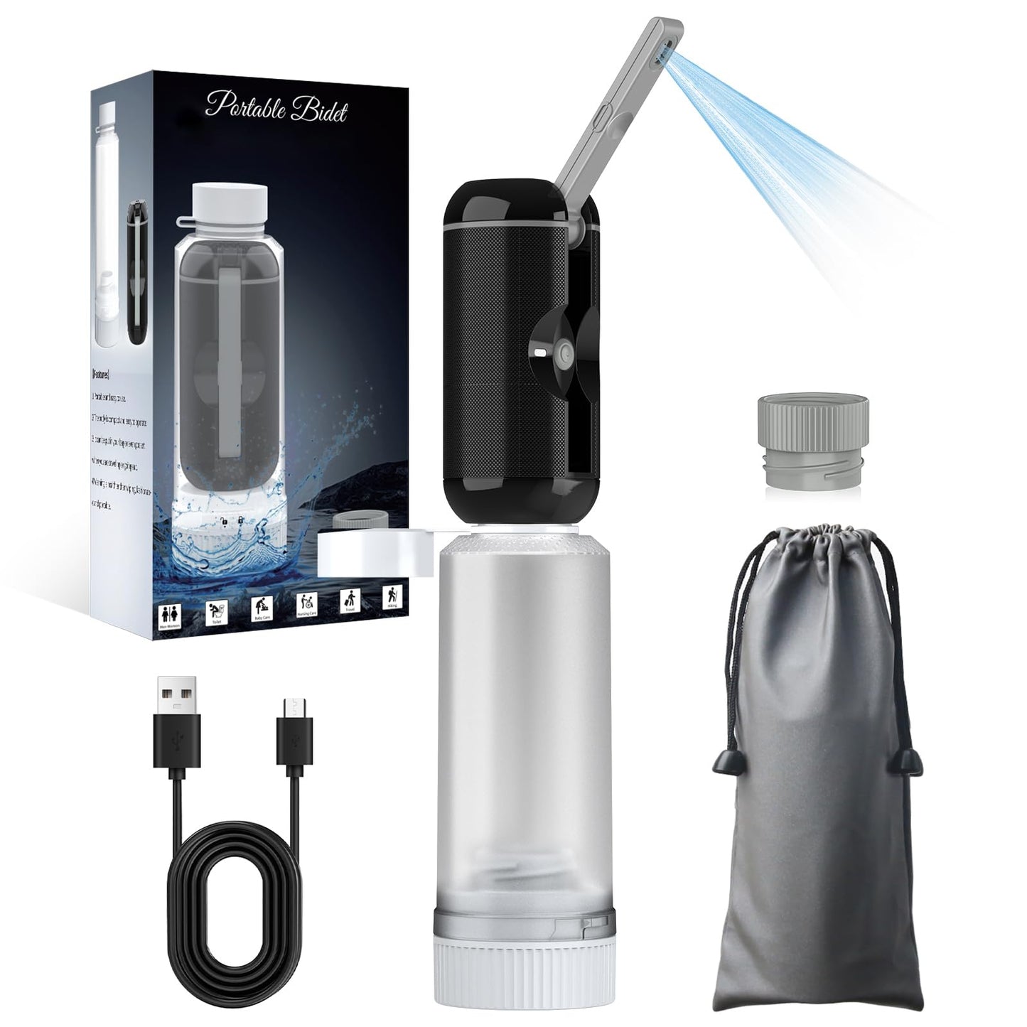 Portable Bidet for Travel, Rechargeable Travel Bidet Sprayer Fits Various Sizes of Water Bottles, Waterproof High Pressure Handheld Bidet for Women Men Personal Hygiene, Black