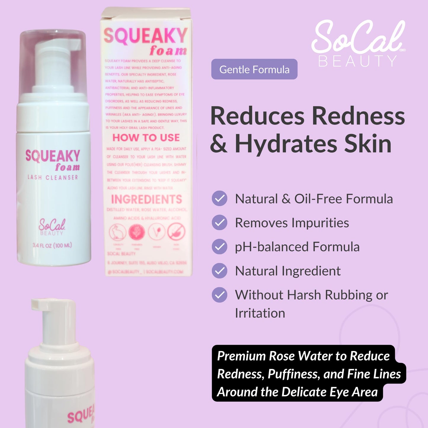 SoCal Beauty Squeaky Rose Water Lash Cleanser Luxury Foam Cleanser for Lash Extensions
