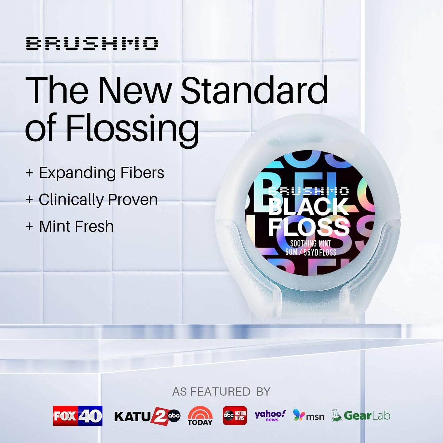 Brushmo Black Floss (BBFloss) - Expanding Floss, Gum-Friendly Soothing Mint Dental Floss, Natural Vegan Wax to Remove Plaque from Teeth, US-Dentist Designed PTFE & PFAS Free Oral Care, 1 Spool, 55 yd