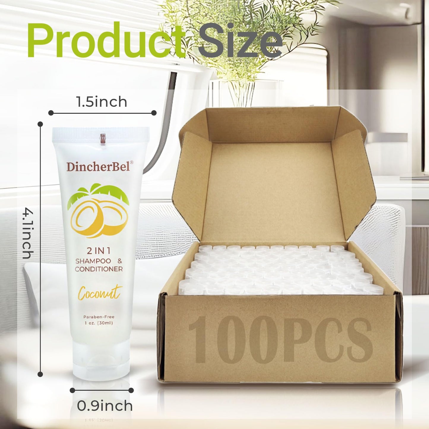 Travel Size 2 in 1 Shampoo & Conditioner, Refreshing Tropical Coconut Scent Shampoo Amenities - Small Hotel Toiletries in Bulk (1 Fl Oz, 100 Pack)