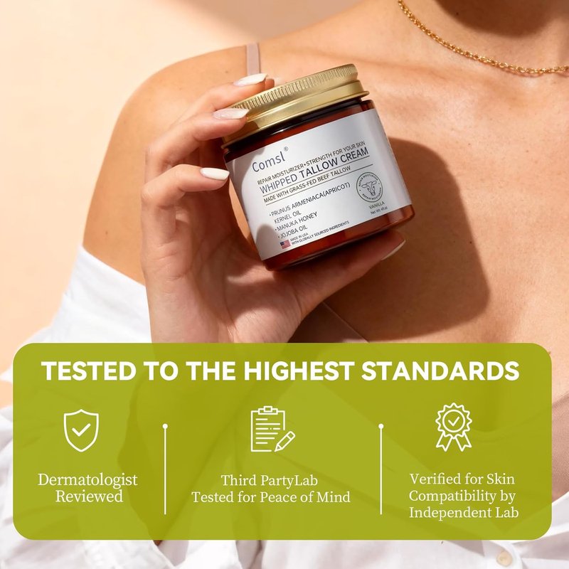 Whipped Tallow Honey Cream - Moisturizer for Dry, Sensitive Skin | 4oz Unscented, Eczema & Rosacea Relief