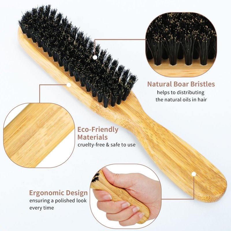 Slick Back Hair Brush - Boar Bristle Brush for Smoothing Frizz & Flyaways, Soft/Large Bristles to Style & Polish Hair,Laying Down Edges, and Shine | Glossy Finish for Women & Men | All Hair Types