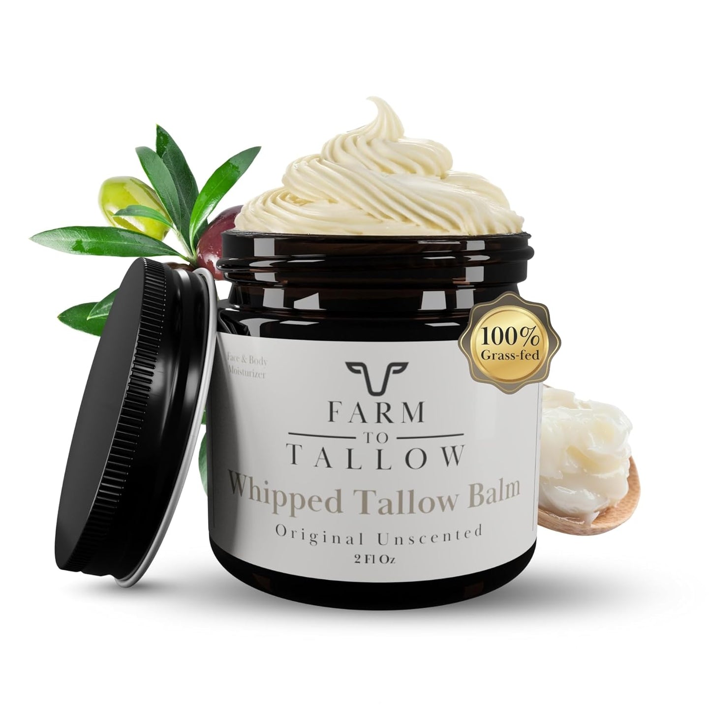 Whipped Beef Tallow Cream for Face & Body - Unscented, Natural Grass-Fed | 2oz Moisturizer with Olive Oil
