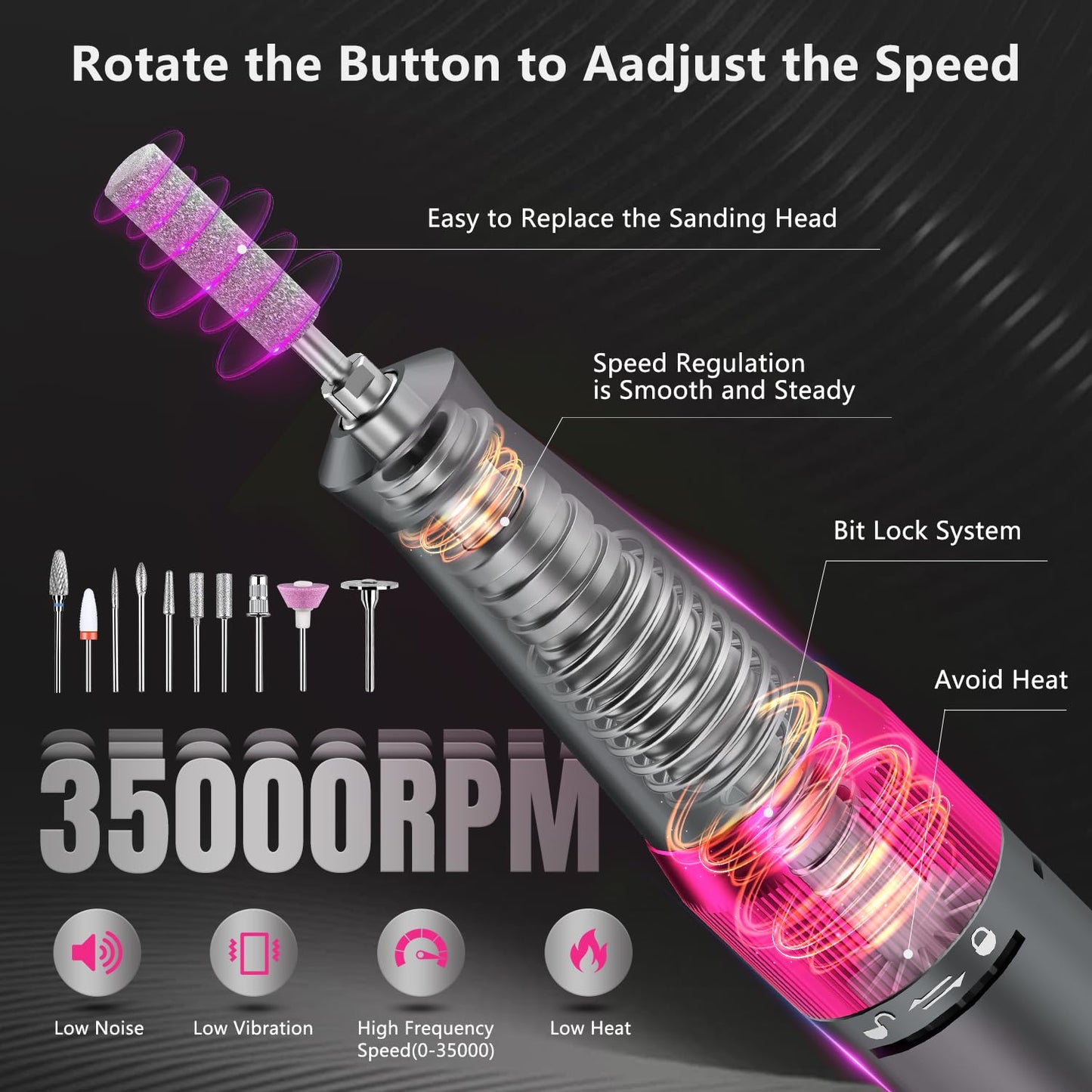 OWill Electric Nail Drill Professional, 35000RPM Rechargeable Machine With LED Display, Portable Electric File for Salon Home Kits, Pink