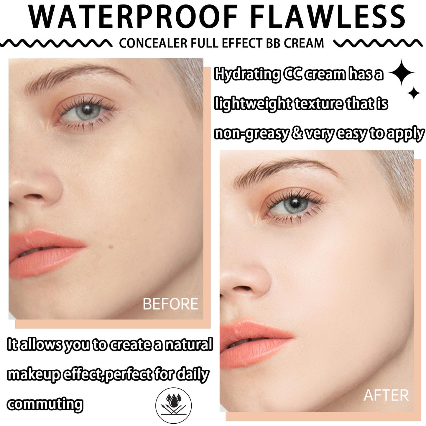 Hydrating CC Cream with Makeup Sponge,Waterproof Flawless Concealer Full Coverage BB Cream and Loose Setting Powder,Long Lasting Full Coverage Liquid Foundation for Men & Women（3 Pcs）