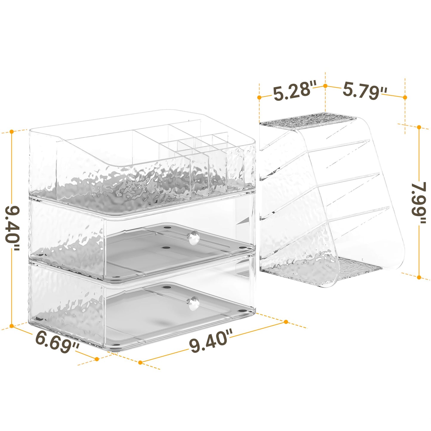 Henyol Makeup Organizer with Brush Holder Plastic Makeup Drawers For Vanity Clear Stackable Storage Case Makeup Organizer For Skincare, Brushes, Lipstick, Nail Polishes, Perfumes, Eyeshadow Palettes