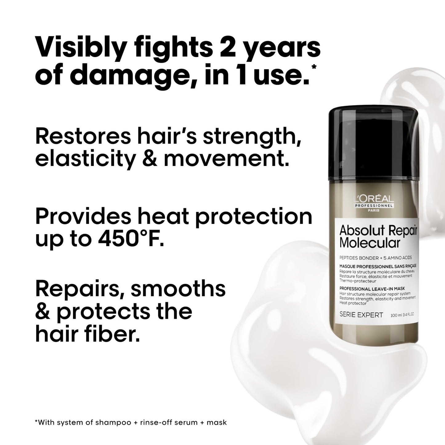 L'Oréal Professionnel Paris Absolut Repair Molecular Leave In Treatment - Smooths & Strengthens All Color Treated & Damaged Hair, Heat Protectant & Leave In Conditioner for Hair Repair