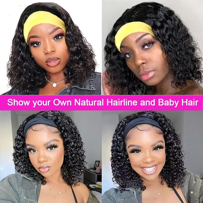 Deep Wave Headband Wig Human Hair 14 Inch Curly Headband Wigs for Black Women Human Hair Glueless None Lace Front Wig Brazilian Virgin Hair Wear and Go Wigs 150% Density Natural Black Color