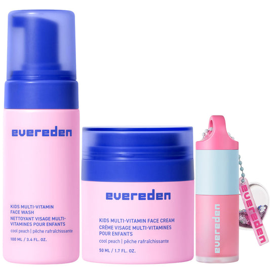 Evereden Happy Kids Skin & Lips Routine - Multi-Vitamin Face Wash & Face Cream Peach & Tinted Lip Oil Sakura Pink Set - Clean & Vegan Skin Care for Kids 3+ - Moisturizing, Nourishing, & Protective