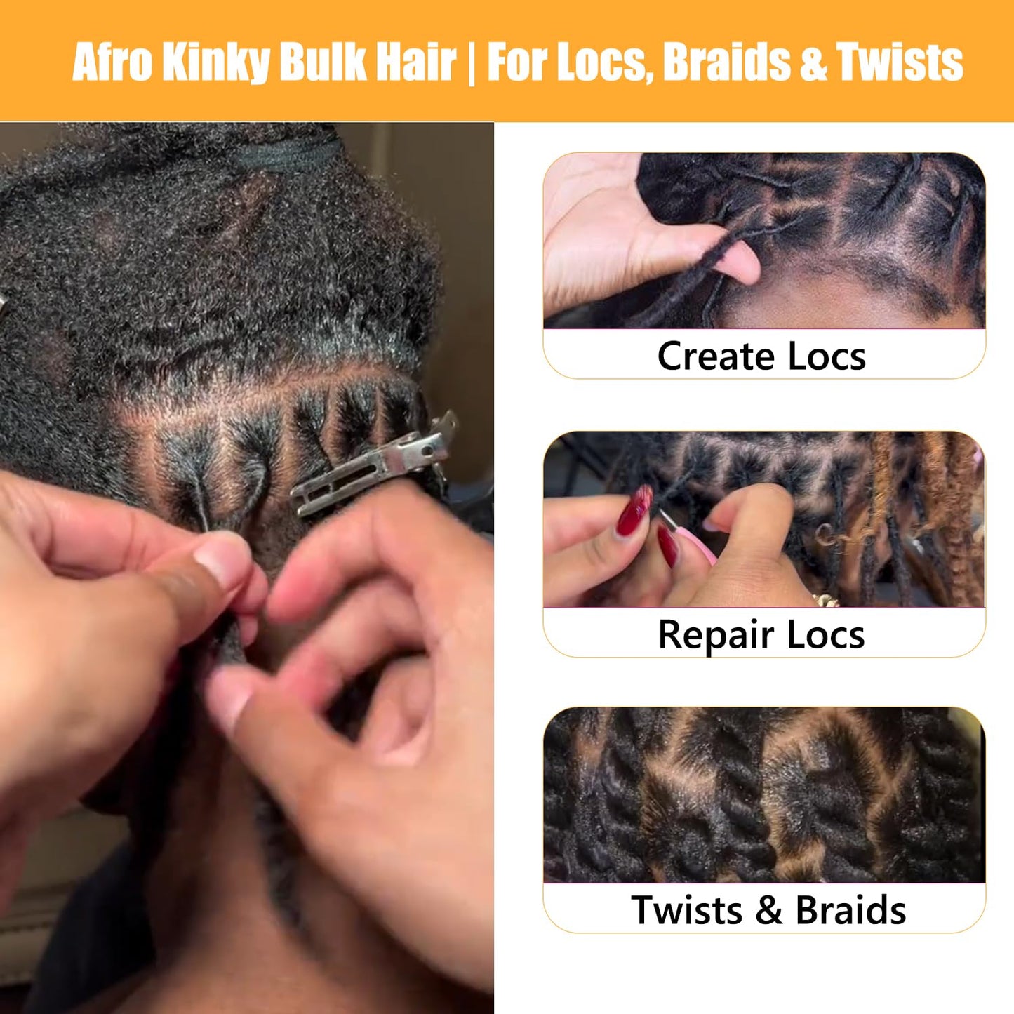 EV&ET Pre-sretched Afro Kinkys Bulk Human Hair Human Hair for Locs/Twists/Braids/Repair Locs Afro Kinky Curly Bulk Can Bleach And Dye (Natural black, 12inch 50g)