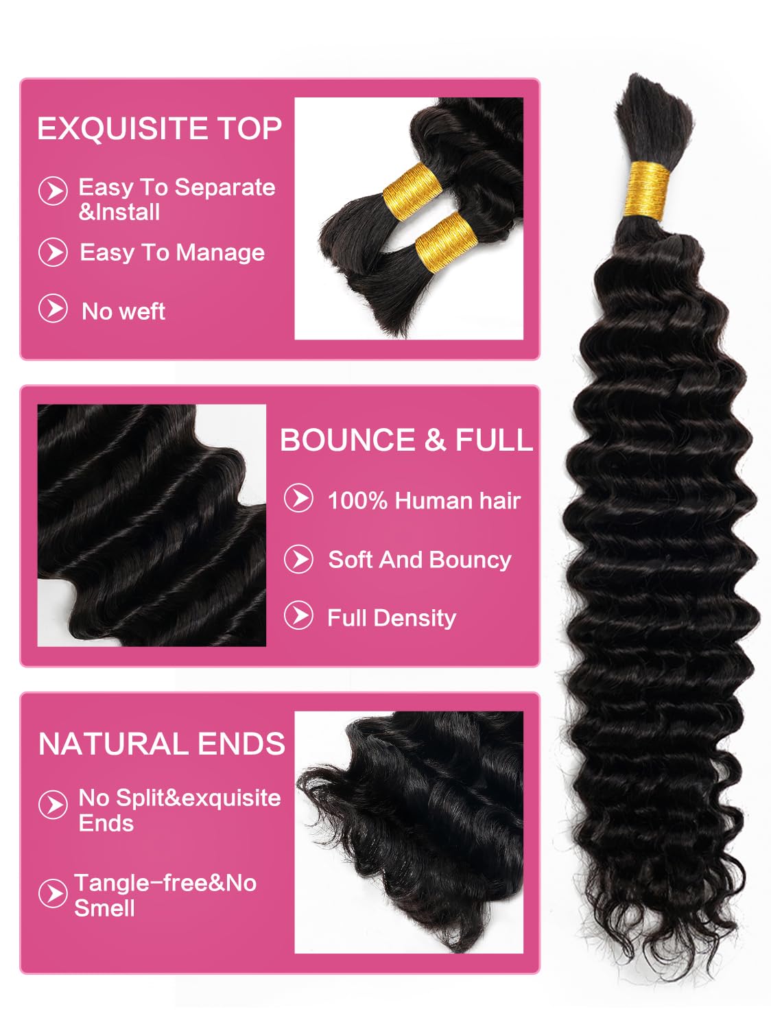 Human Braiding Hair 1 Bundles/Pack 100g 20 Inch Deep Wave Curly Bulk 100% Human Hair for Braiding No Weft 10A Brazilian Virgin Human Hair Extensions for Boho Braids Natural Black Wet and Wavy