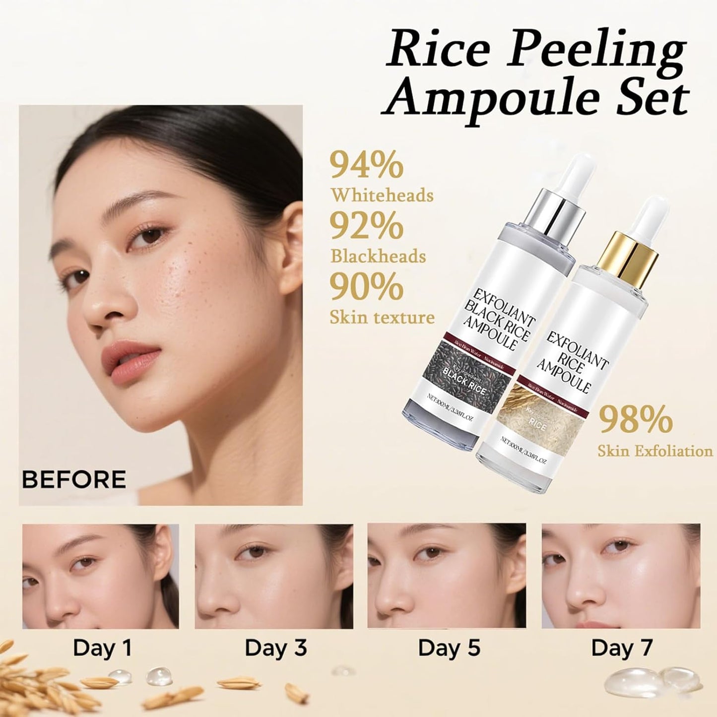 Glow Rice Ampoule Duo | Gentle Exfoliating Rice Peel for Face & Body - 2PCS, White & Black Rice, Hydrating Formula