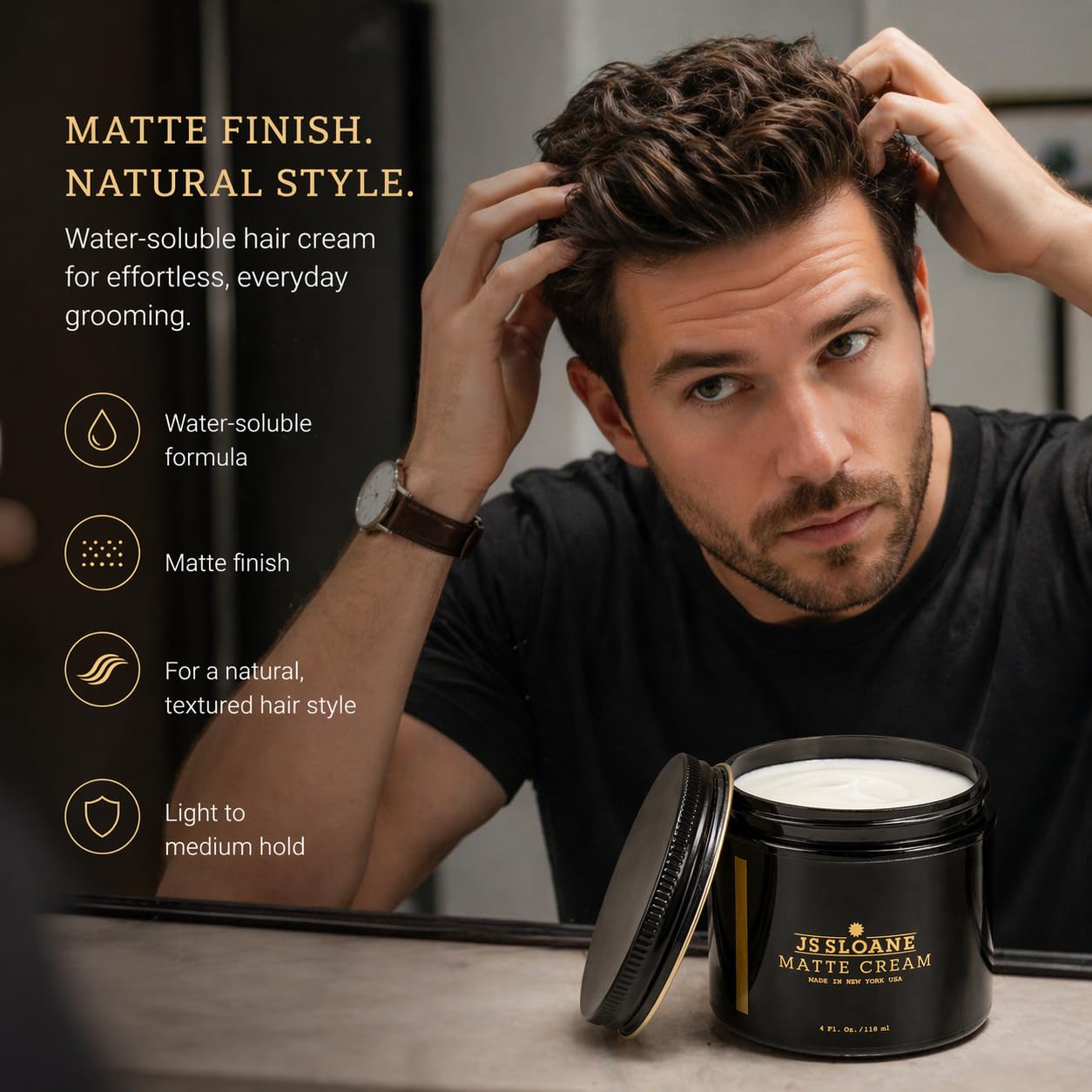 JS Sloane Matte Cream for Men – Water-Soluble Hair Styling Cream, Natural Matte Finish, Light to Medium Hold, Texturizing Grooming Product, Non-Greasy, Made in USA (4 oz)