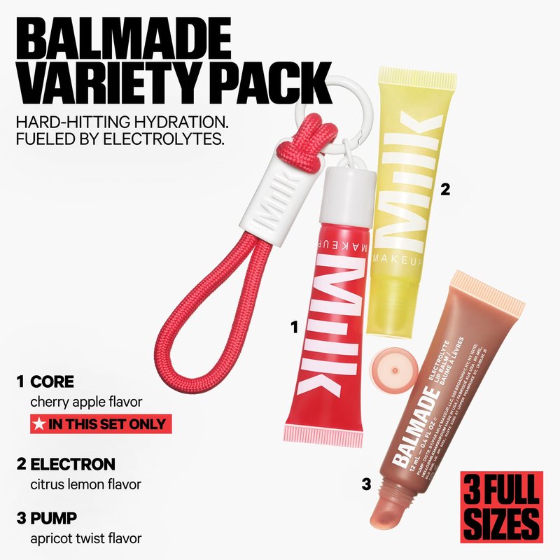 Milk Makeup Balmade Hydrating Lip Balm 3-Pack Gift Set, Full Size, Electron, Pump, Core