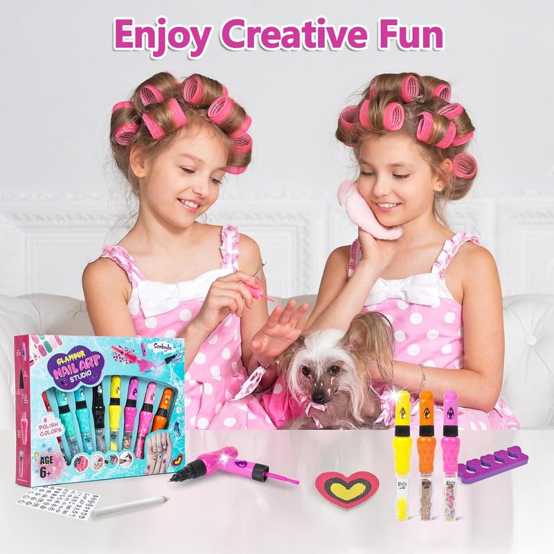 Nail Art Pen Set for Kids - 8 Non-Toxic Glitter Polishes & Doodle Tips | Creative Nail Kit for Girls Ages 7-12