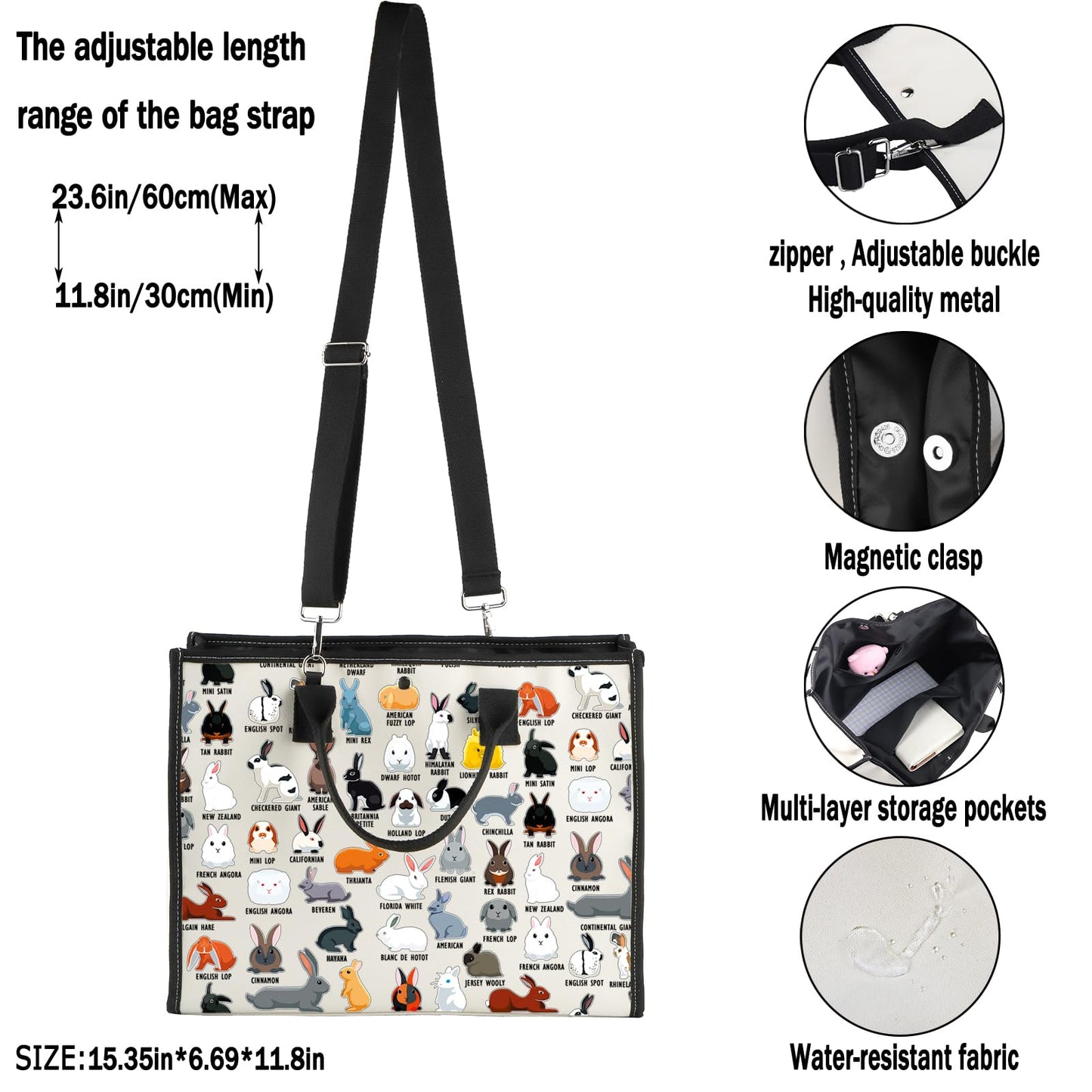 G2TUP Bunny Lover Gift Type of Rabbits Tote Bag Bunnies Owner Handbag Rabbit Lover GiftS Rabbit Fan Gift (Type of Rabbits TT)