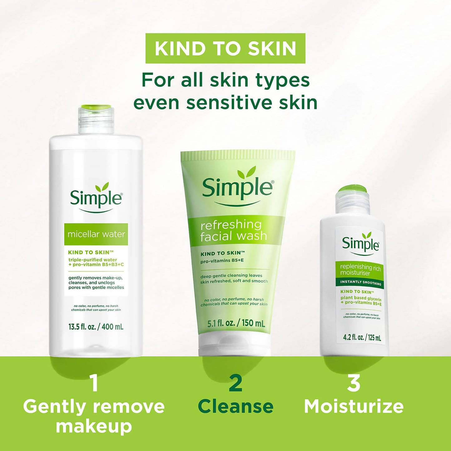 Simple Kind To Skin Refreshing Face Wash - Facial Cleanser with Vitamin B5 and E - Strengthens and Smooths Skin - Vegan, No Harsh Chemicals - 4 pc