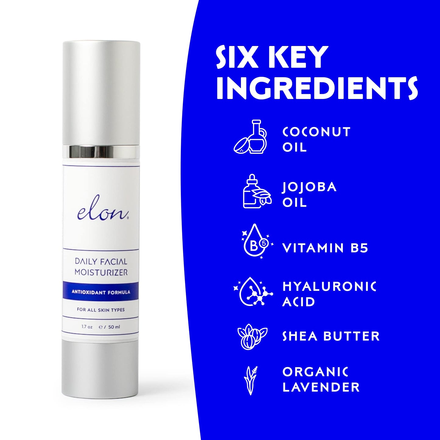 Elon Daily Facial Moisturizer for Women - Hyaluronic Acid Moisturizer w/Coconut Oil & Jojoba Oil – Reduce Signs of Fine Lines & Wrinkles - Suitable for All Skin Types (1.7 Oz)