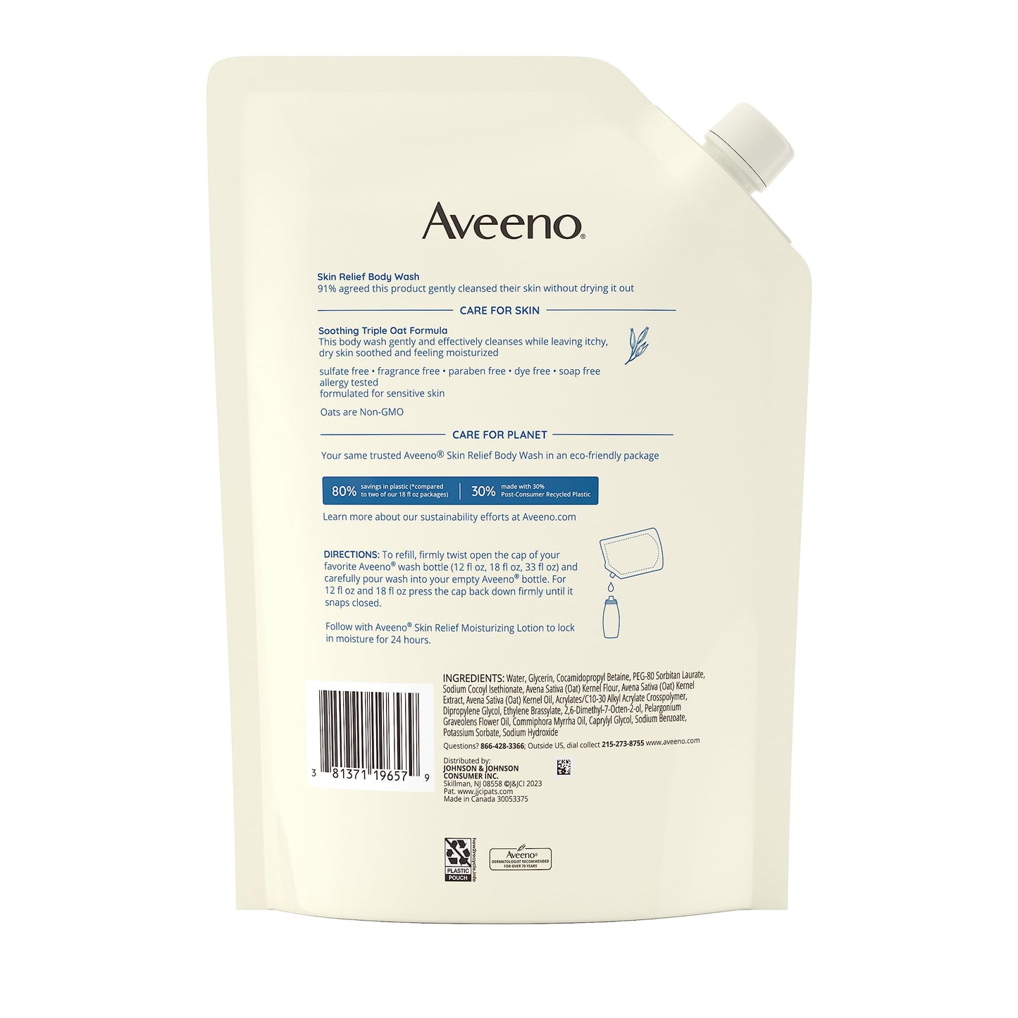 Aveeno Skin Relief-Body Wash Fragrance-Free + Triple Oat Formula,Gentle Daily Cleanser for Sensitive SkinLeaves Itchy, Dry SkinFeeling Soothed & Moisturized, Body Wash Refill, 36 fl. oz (Pack of 2)