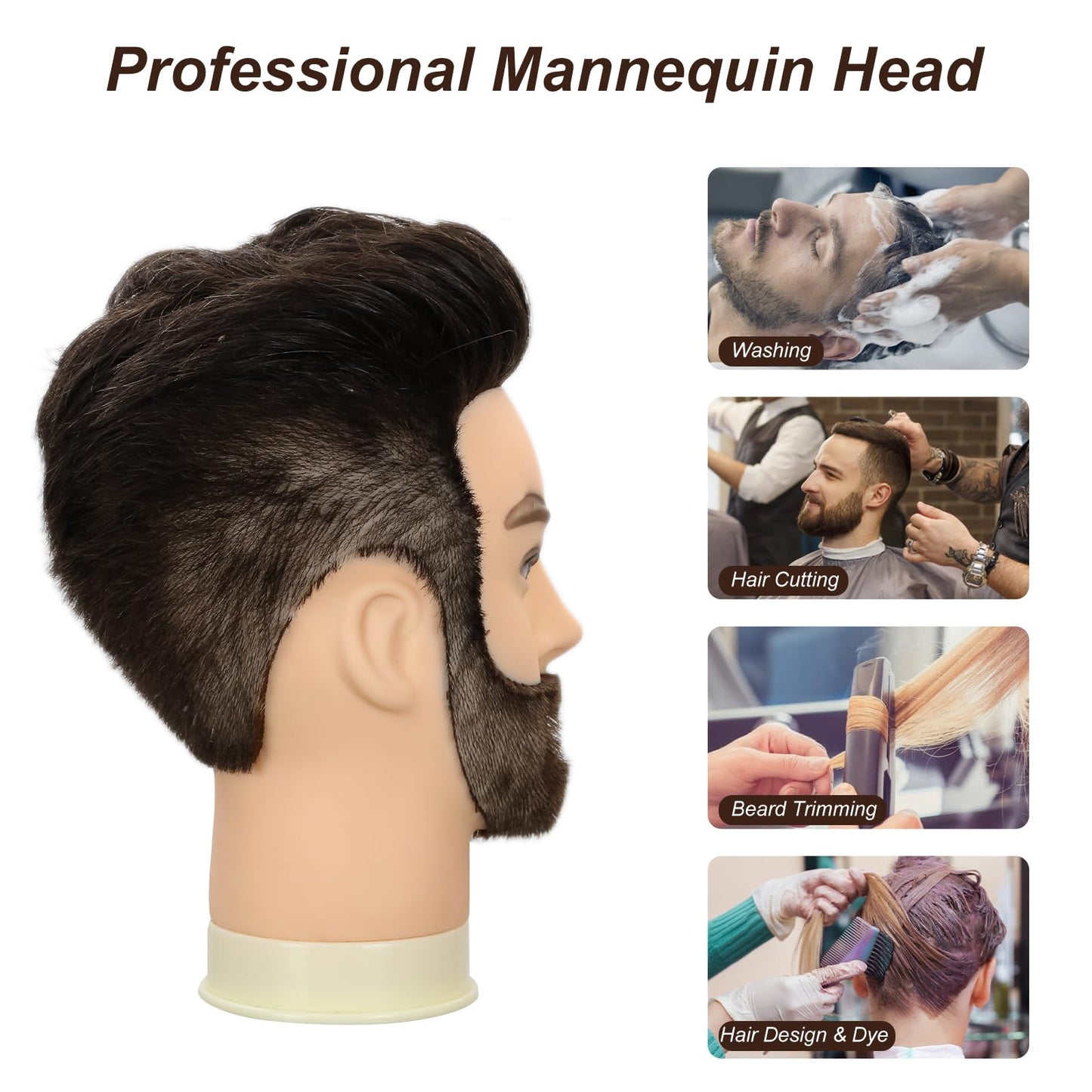 Yekavo Male Mannequin Head, Barber Mannequin Head Male 100% Human Hair With Beard, Professional Training Head with Real Hair for Practicing Hair Cutting & Styling, Black