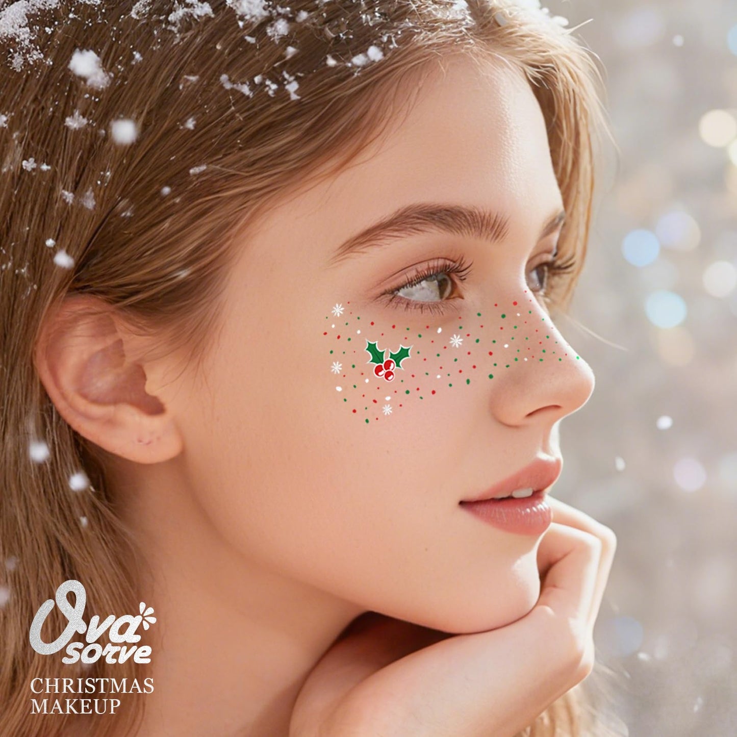 Ovasorve Christmas Face Freckles Tattoos - Enchanted Holly, Snowflakes & Berries in Classic Red, Green & White Tattoos for Christmas Costume Women, Xmas, Holiday Makeup, Festival, Stocking Stuffer