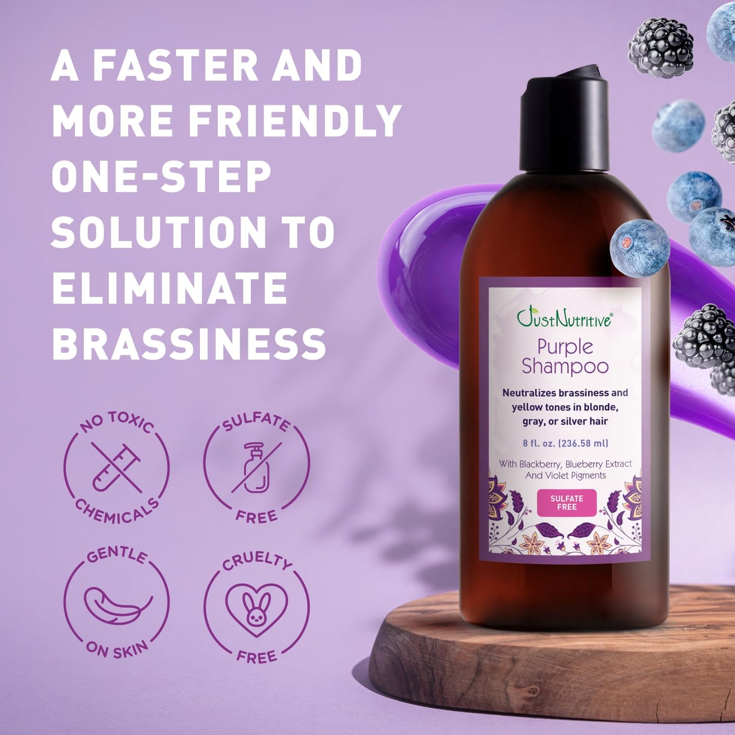 Purple Toning Shampoo for Blonde, Gray & Bleached Hair - Eliminate Brassiness, Boost Shine | 8 oz, Sulfate-Free, Paraben-Free
