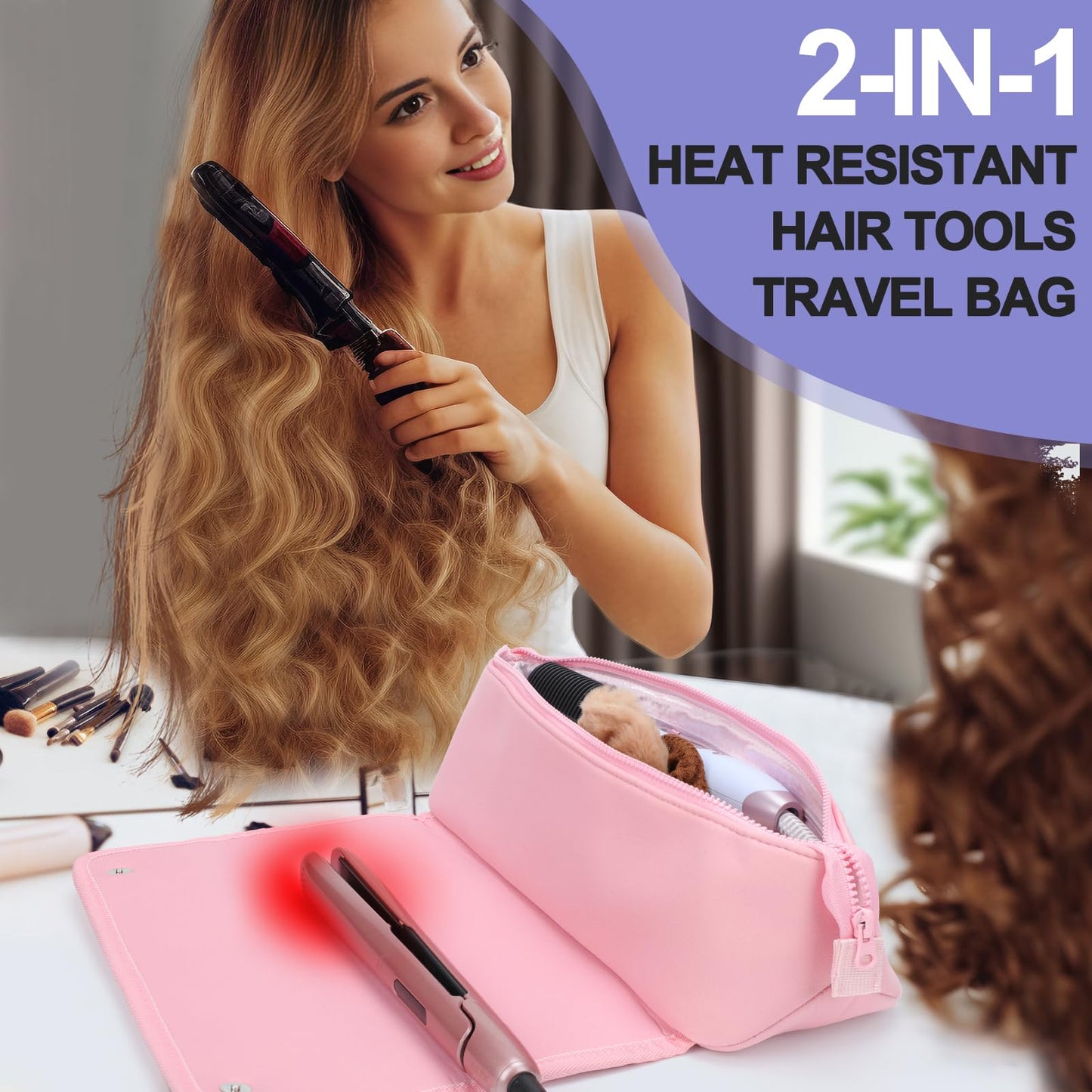 Travel Essentials Neoprene Hair Style Tools Bag w/Heat Resistant Mat for Flat or Curling Irons, Straighteners Accessories, Gifts for Women Mom Daughter Sister Friends for Birthday (Pink)