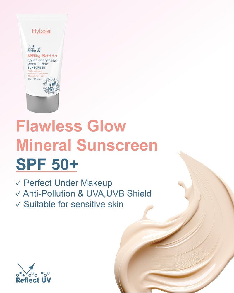 Hybolar Tinted Mineral Face Sunscreen SPF 50 Broad Spectrum Non-Comedogenic with Vitamin C Skin Moisturizer for Sensitive Skin & Kids