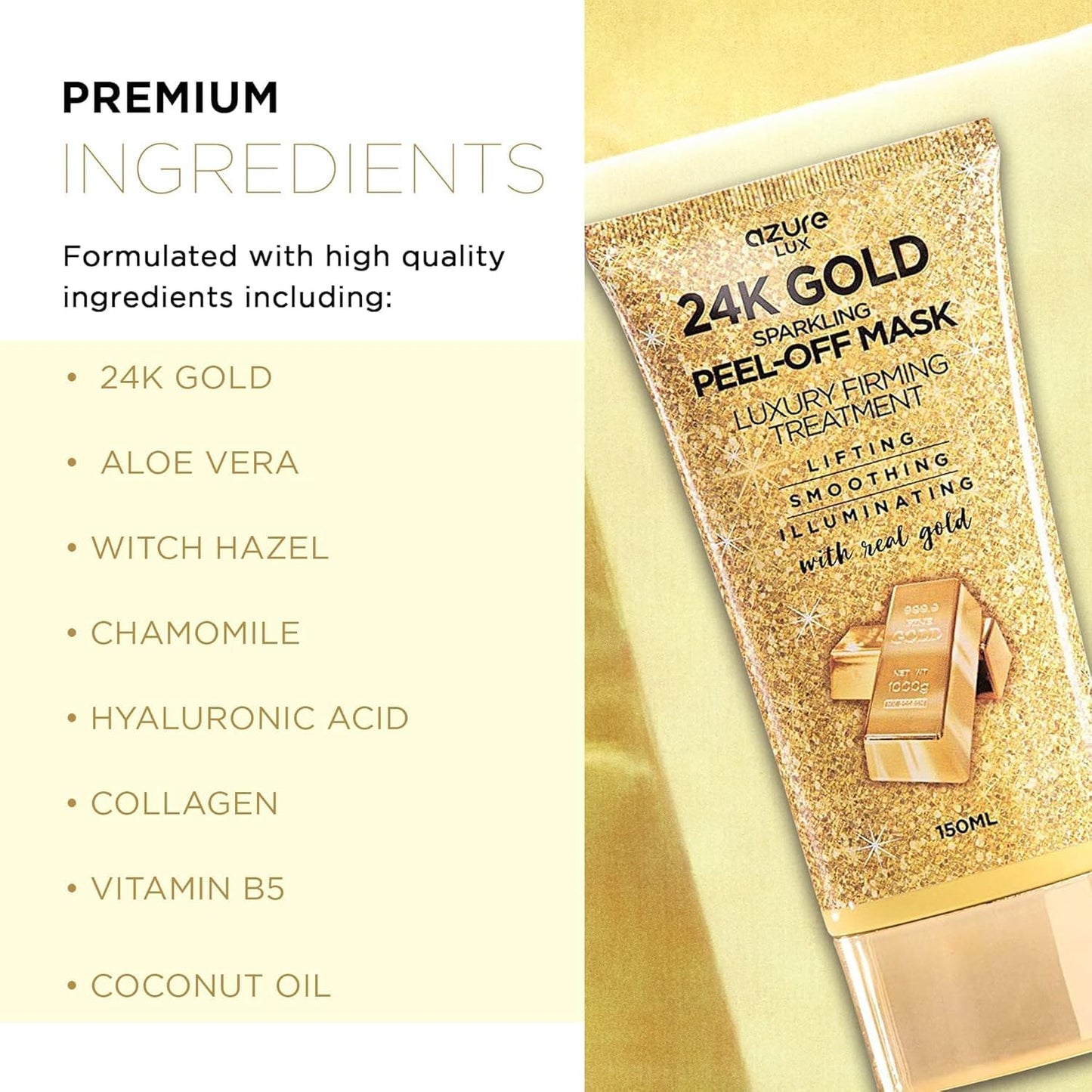 AZURE Sparkling Peel-Off Masks Bundle - Rose Gold Hydrating Peel-Off Mask - 24K Gold Firming Peel-Off Mask - Charcoal & Pearl Anti-Aging Skincare - 150 ml / 5.07 fl.oz
