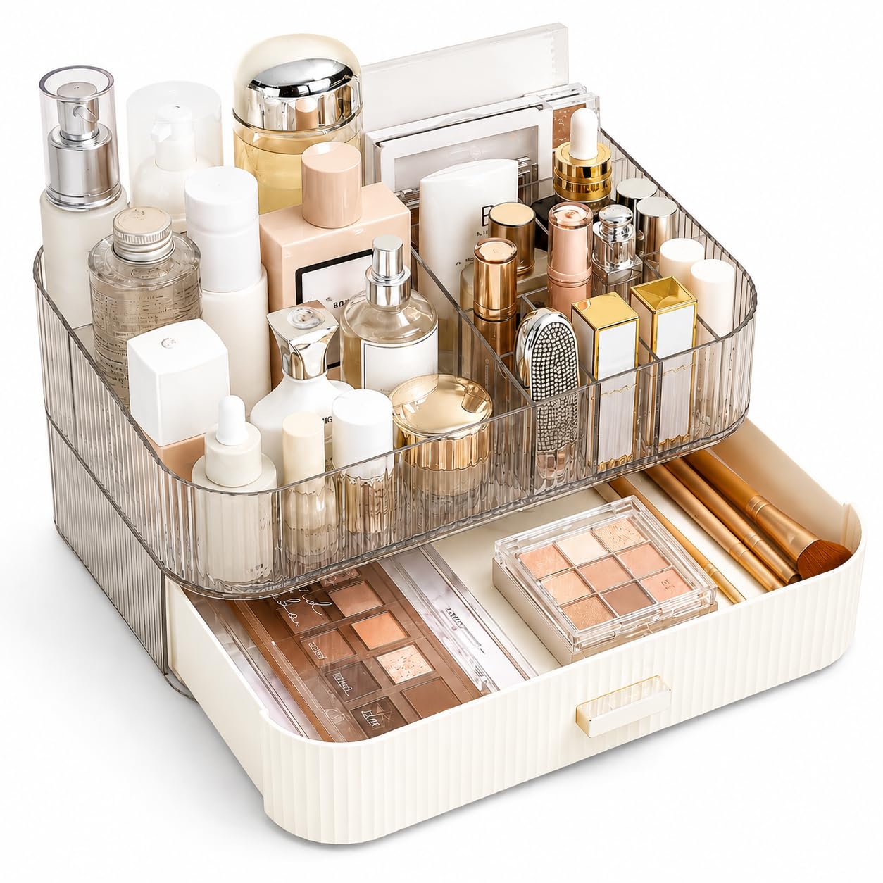 Decorcode Makeup Organizer with Wide Drawer for Vanity, Stackable Cosmetic Organizer Countertop, Clear Skincare Storage for Bathroom Counter, Perfume, Lipstick, Brushes and Palettes, Cream White