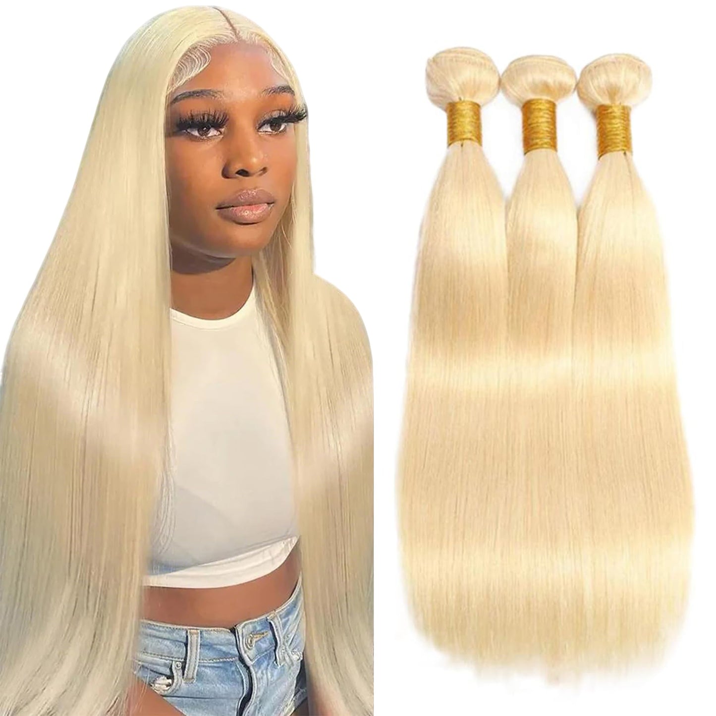 Blonde Straight Human Hair Bundles #613 Honey Blonde (14 16 18 Inch) Unprocessed Virgin Human Hair Extensions 3 Bundles 300g Total Double Weft for Black Women