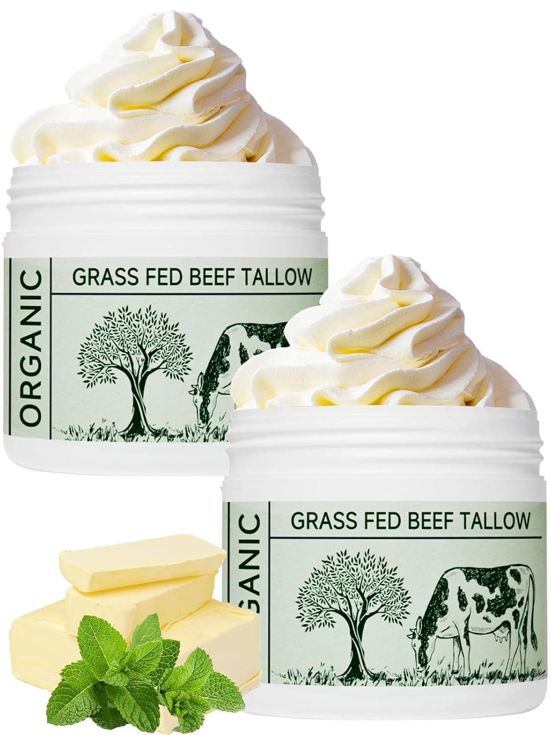 Beef Tallow Moisturizer - Nourishing Whipped Tallow Cream | Unscented, 2-Pack for Skin Care
