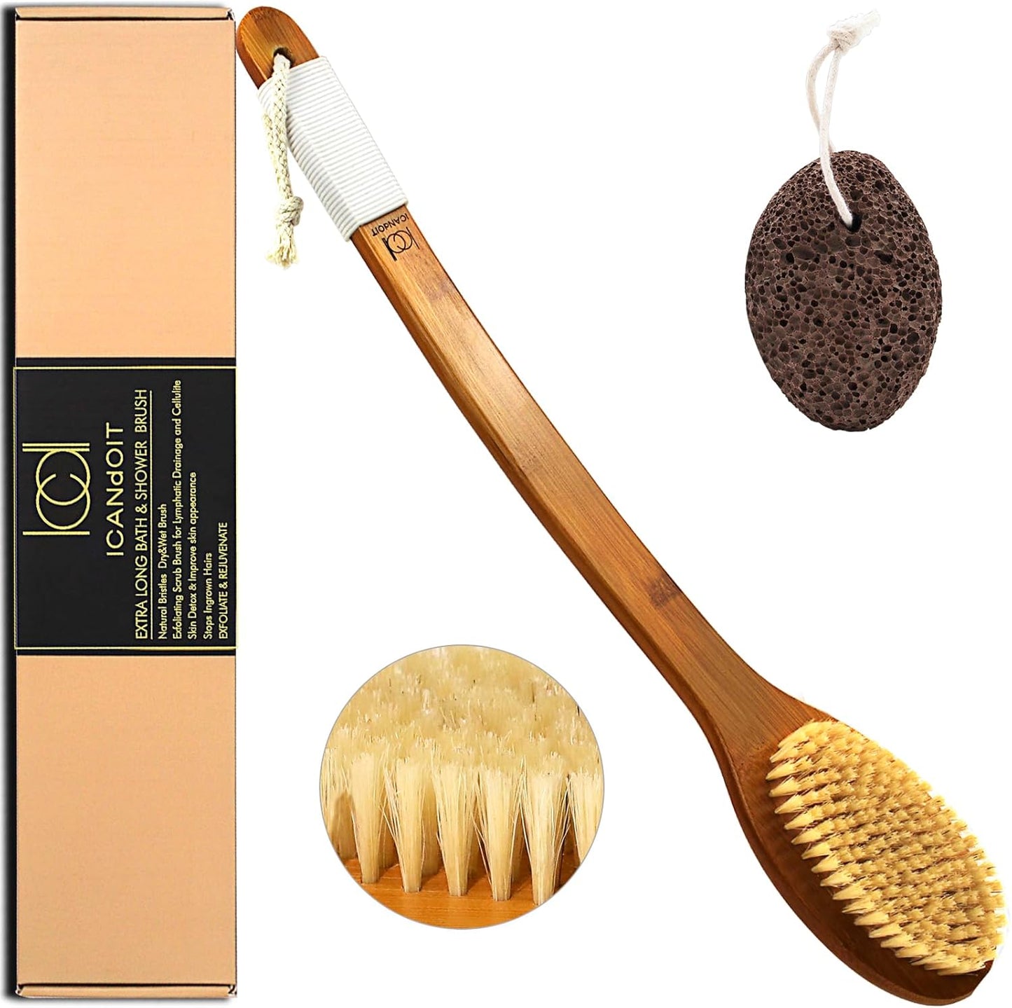 Natural Boar Bristle Bath Brush - Extra Long Anti-Slip Handle for Exfoliating | 19.68 Inch Shower Scrubber with Pumice Stone