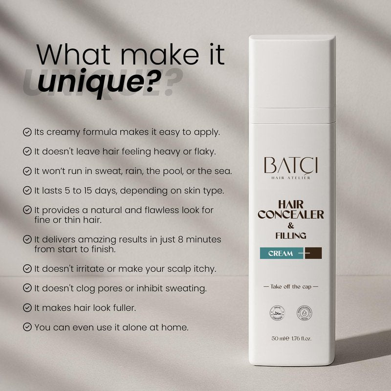 Batcı Hair Concealer & Filling Cream for Bald Spots & Thinning Hair – Waterproof, Sweat-Proof Scalp Coverage – Natural Root Touch-Up Cream for Men & Women – 1.69 Fl Oz 50 ml