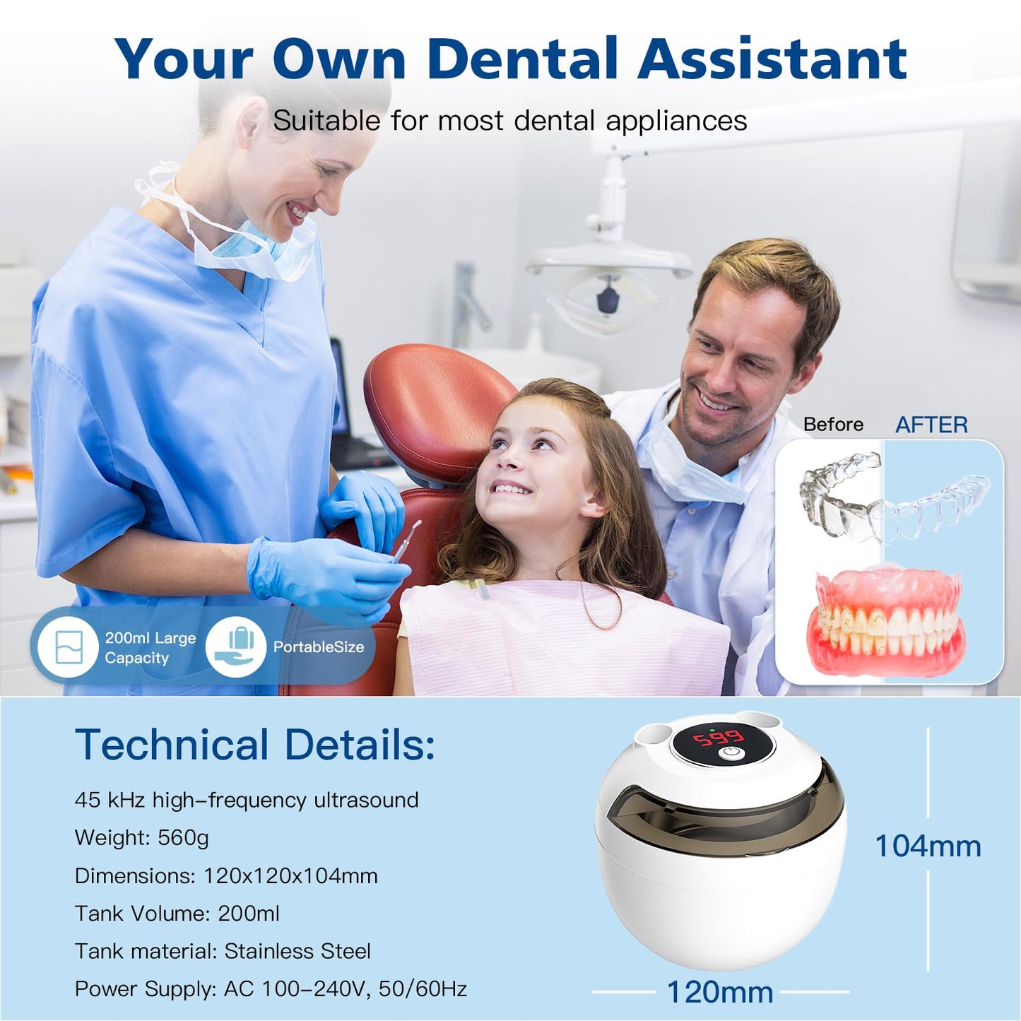 Aotuda 45kHz Retainer Cleaner Machine, 200ML Ultrasonic Dental Cleaning Pod with 4 Modes, Digital Timer, Mouth Guard Cleaner for Denture, Aligner, Braces, Toothbrush, Jewelry and More (White)