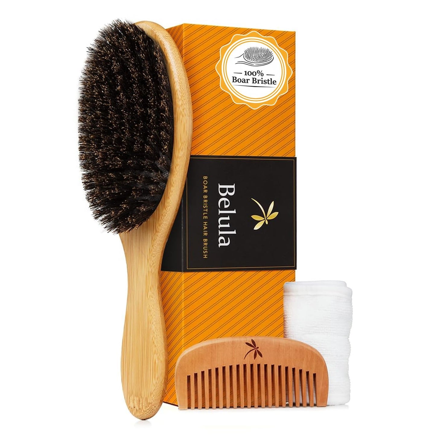 Belula 100% Boar Bristle Hair Brush Set - Soft Natural Bristles for Thin & Fine Hair | Includes Wooden Comb, Travel Bag & Spa Headband