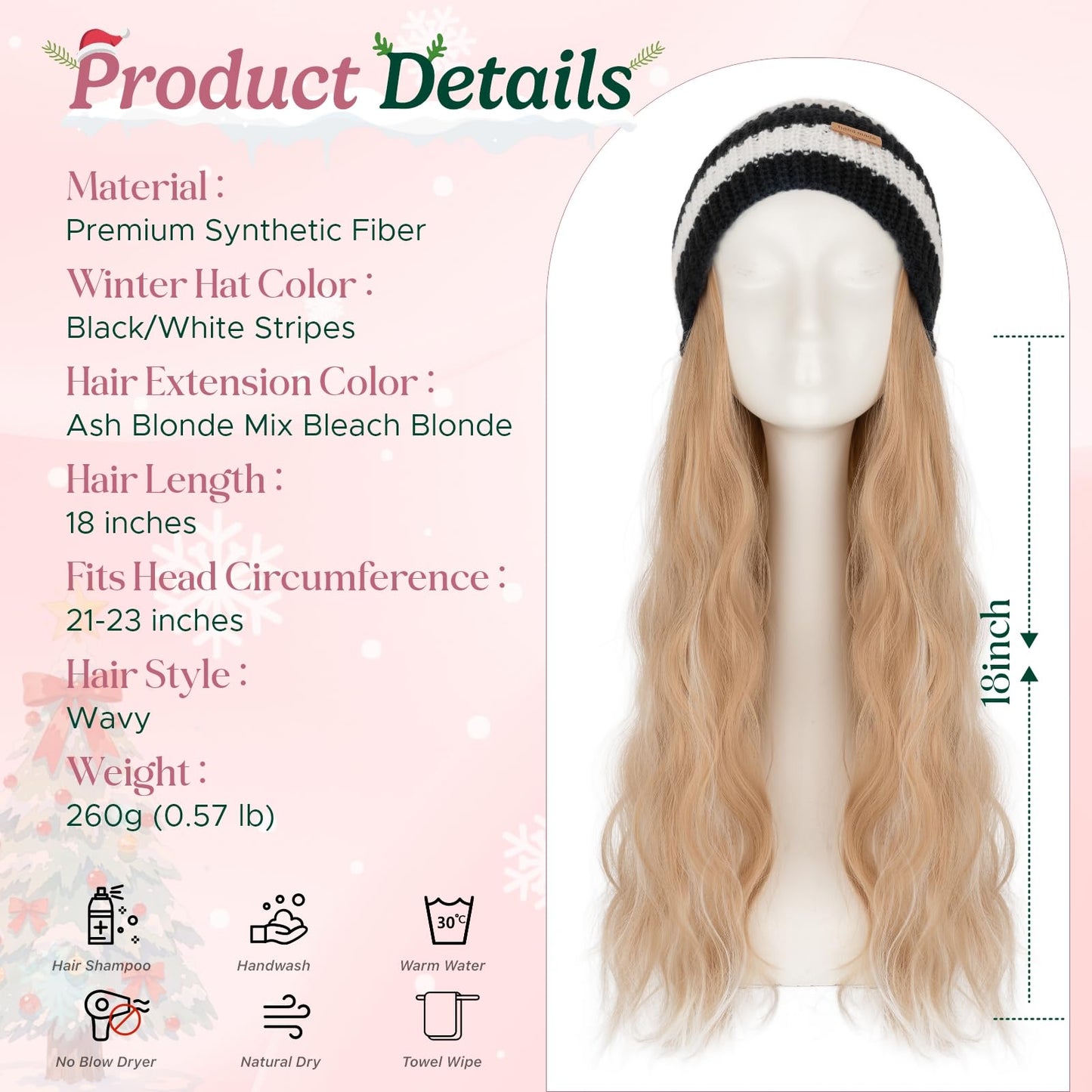 SEGOHAIR Beanie Wig with Hair, 18 Inch Synthetic Hair Extensions in Wavy Styles, Knitted Winter Hat in Black/White Stripes with Attached Hairpiece for Women, #18P613 Ash Blonde Mix Bleach Blonde