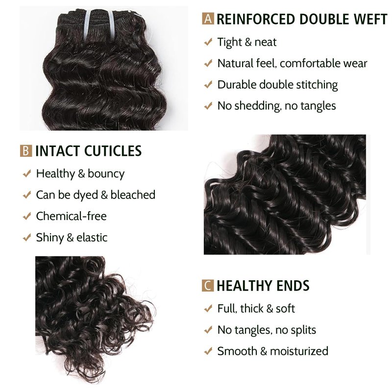 Wequeen 16A Deep Wave Water Wave Human Hair Bundles 100% Unprocessed Brazilian Virgin Hair Quick Weave Bundles Human Hair Extensions Real Human Hair,Deep Wave 14 Inch