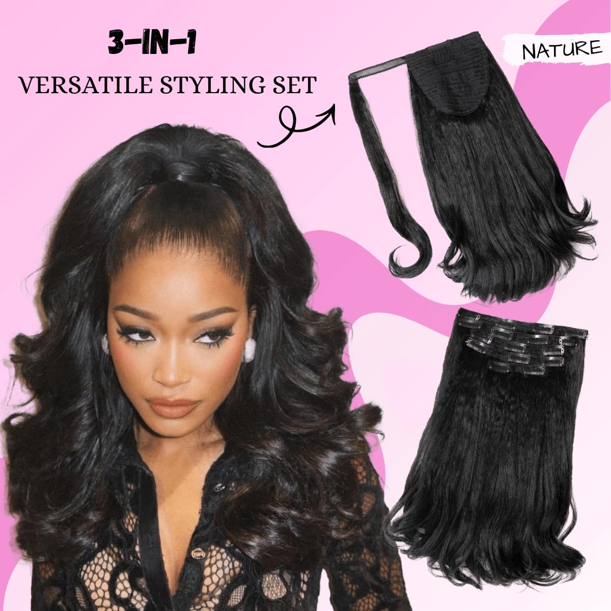 VAVANGA 6PCS Half Up Half Down Ponytail Set, 3 in 1 Kinky Straight Clip in Wrap Ponytail Hairpiece Black 16inch Long Thick Yaki Pony Tail with Clip in Hair Pieces for Women - #1B, 16"