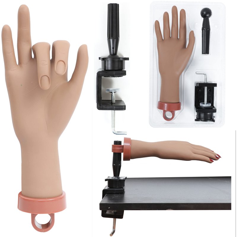 Practice Hand Kit for Acrylic Nails Fake Hand for Fake Nails Practice Hand and C- Clamp Holder Nail Mannequin Hand for Acrylic Kit Hand Practicing for Acrylic Nails (Dark Hand)