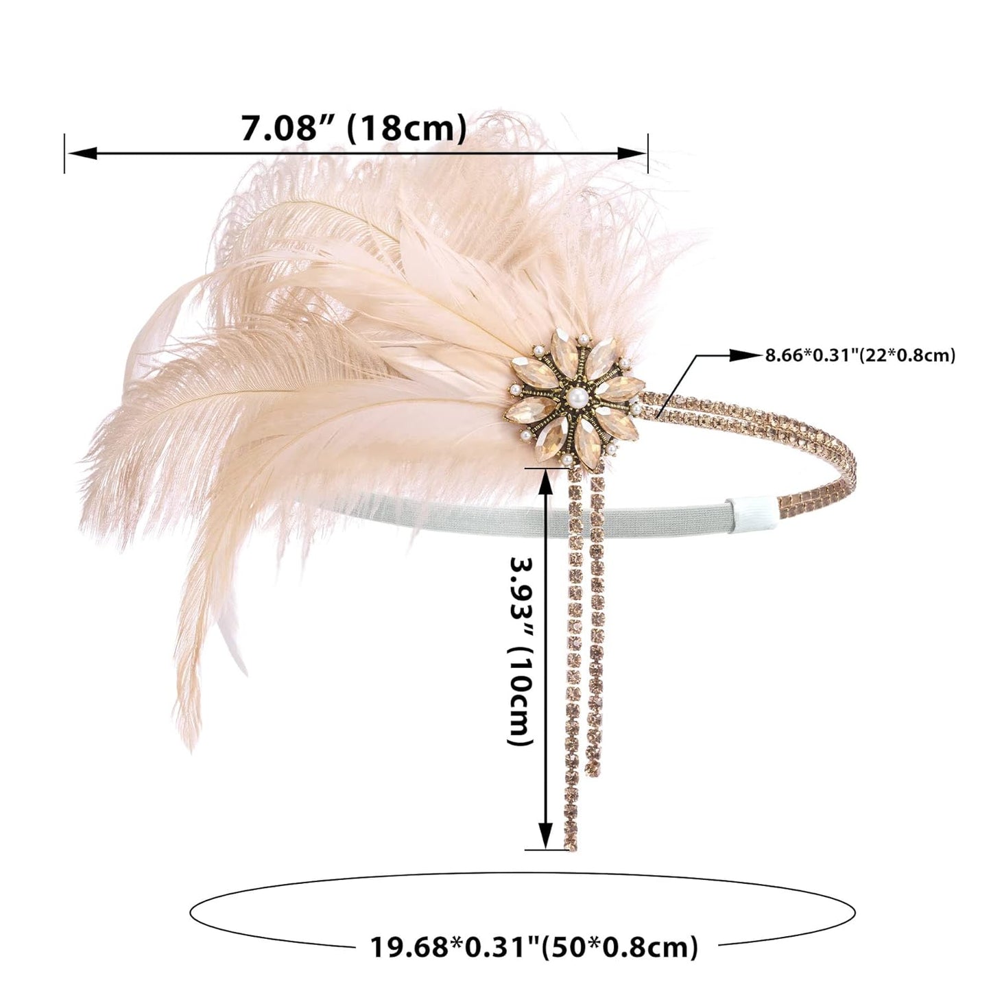1920s Flapper Headpiece - Rhinestone Pearl Feather Hair Band | Great Gatsby Accessory for Women, Champagne