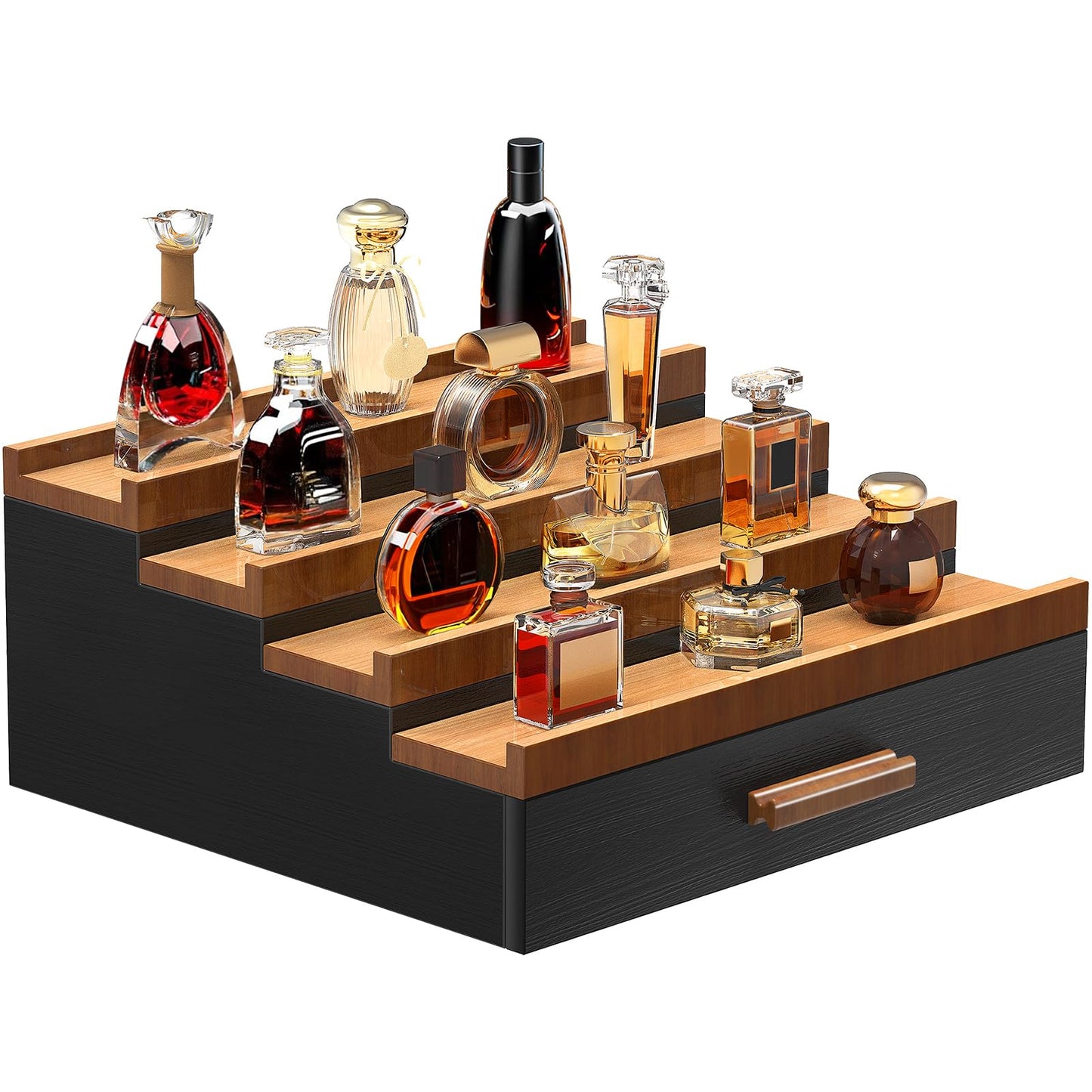 Zaldia Wooden Cologne Organizer for Men 4 Tier of Perfume Display Holder of Drawer & 2 Hidden Compartments Larger Storage Space Mens Perfume Organizer Shelf Stand,Gift for Man (4T-Black Walnut)