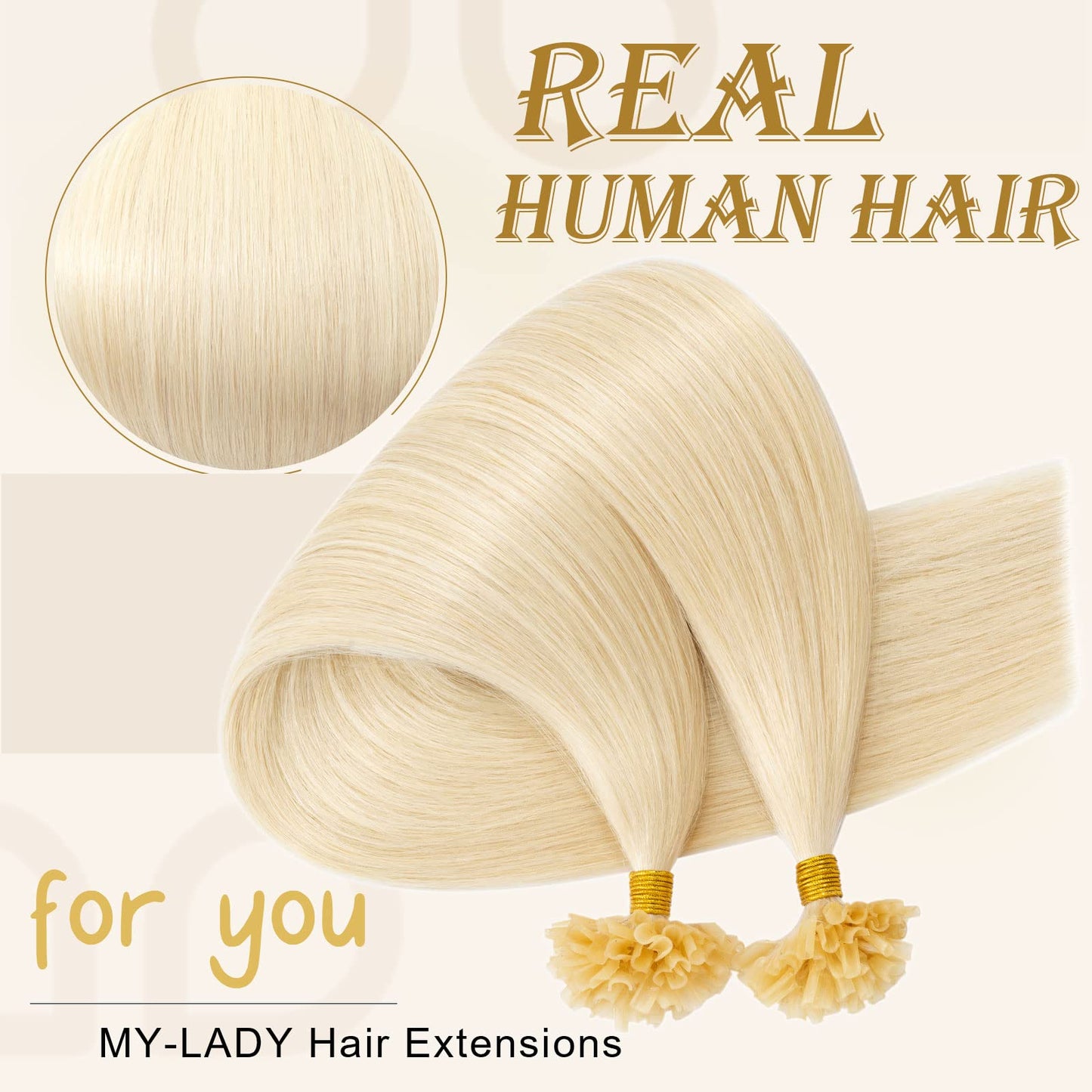 MY-LADY K Tip Hair Extensions Real Human Hair Platinum Blonde 16 Inch 50G 50Strands KTip U Tip Utip Keratin Bond Fusion Pre Bonded Straight Real Remy Hairpieces