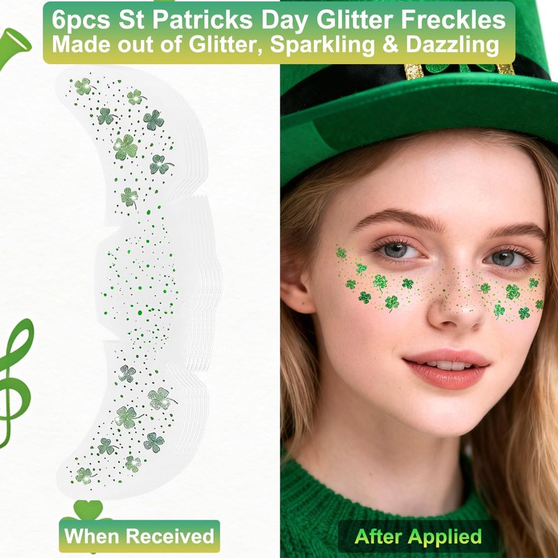 Mysense St Patricks Day Accessories,Shamrock Dangle Earrings,6PCS Glitter Freckles Temporary Tattoos Face Stickers,Irish Festival Green Accessories for Saint Patrick’s Day Outfit Women Girls