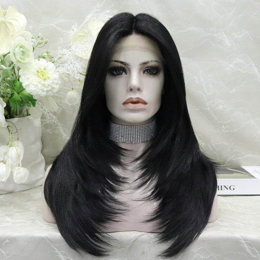 IMSTYLE Jet Black Lace Front Wig: T Part Synthetic Wig, Wolf Cut/Layer Cut Straight Hair Wig 24 Inches Wig