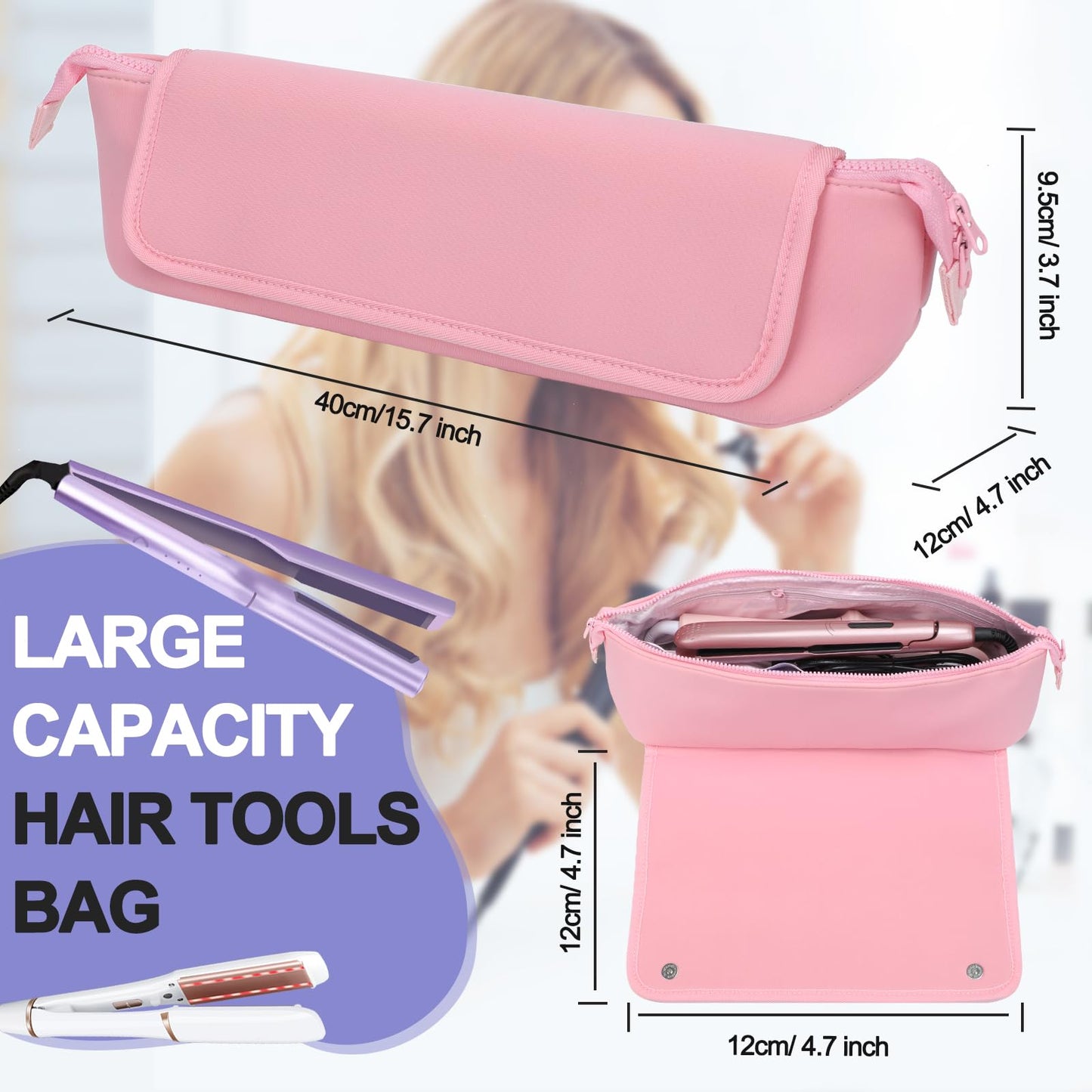 Travel Essentials Neoprene Hair Style Tools Bag w/Heat Resistant Mat for Flat or Curling Irons, Straighteners Accessories, Gifts for Women Mom Daughter Sister Friends for Birthday (Pink)