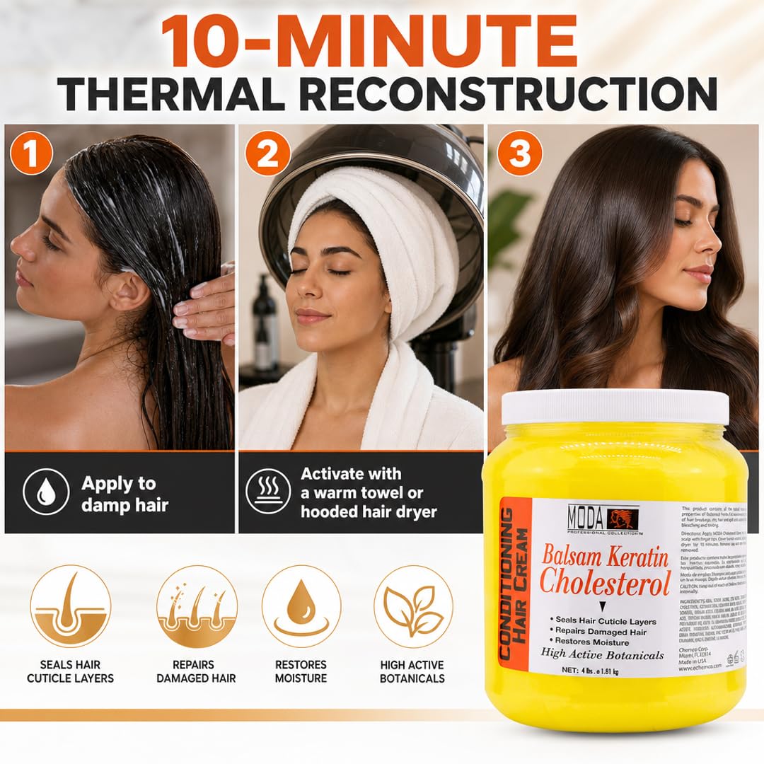 MODA Professional Balsam Keratin Cholesterol Cream for Salon-Grade Hair Restoration & Hospitality Amenity | 6 Actives. Max Repair. Bulk Value. | Intensive Hair Repair & Restored Vitality, 64 Oz Gallon