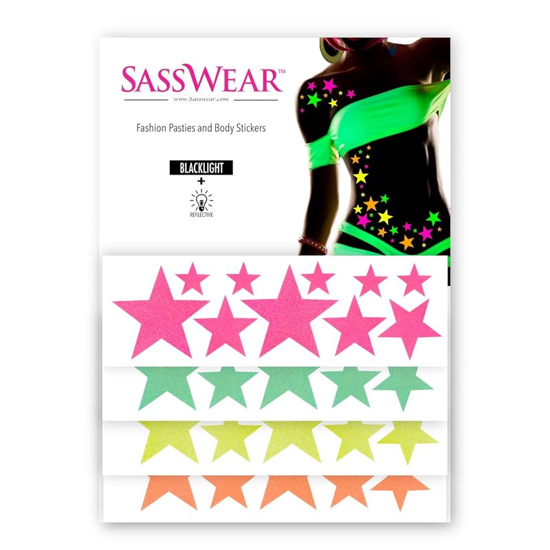 Blacklight Body Stickers - Neon Festival Accessories for Raves | 40 Pack (Star)
